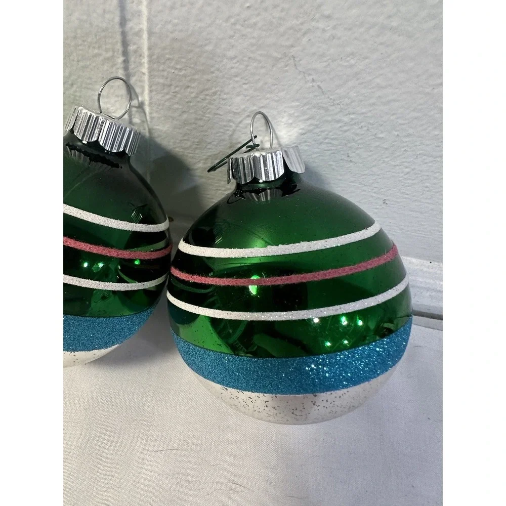 Vintage Radko‎ Shiny Brite Green Striped Ball Glitter Ornament set Xmas Tree (2)